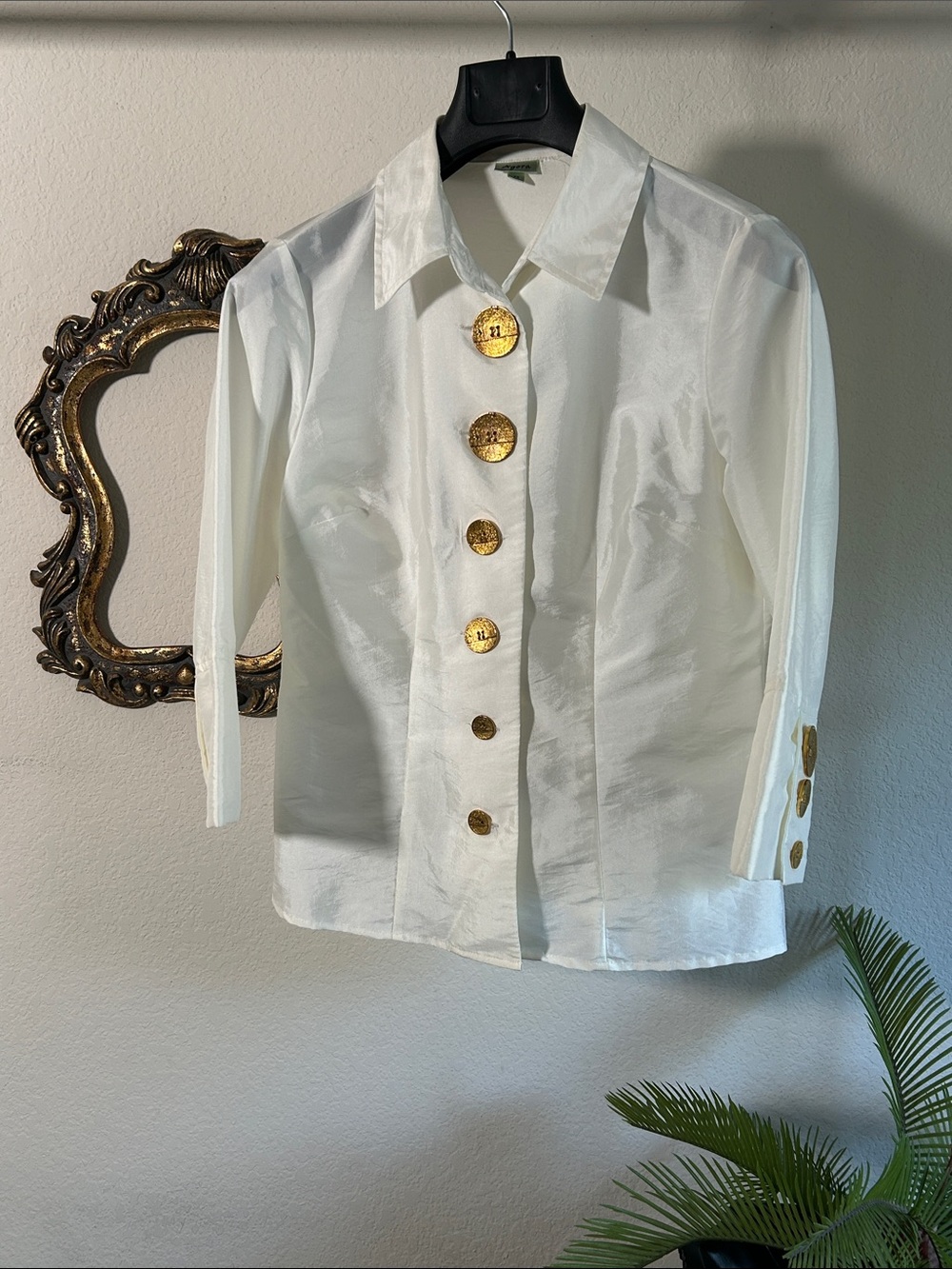 Agora White Satin Button-Front Blouse with Gold Buttons